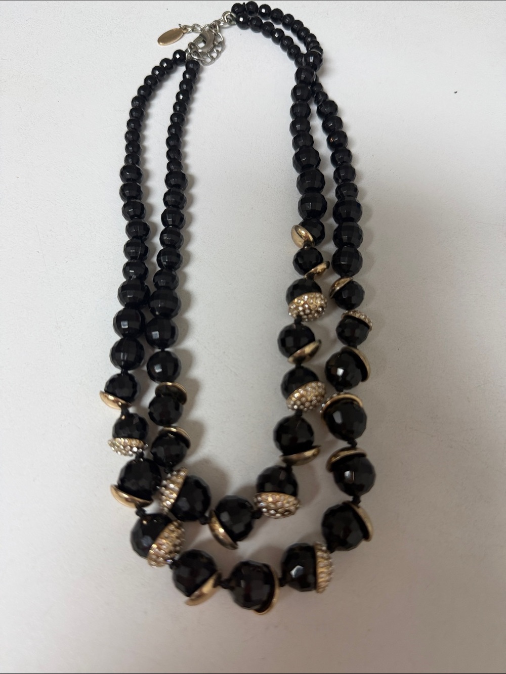 Ann Taylor Black Beaded Statement Necklace with Gold & Crystal Accents